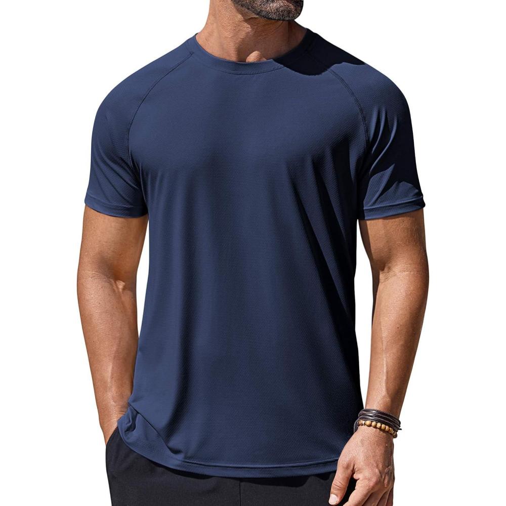 imageCOOFANDY Mens Swim Shirt Short Sleeve UPF 50 Sun Protection Shirt Rah Guard Athletic Quick Dry T ShirtsMightnight Blue