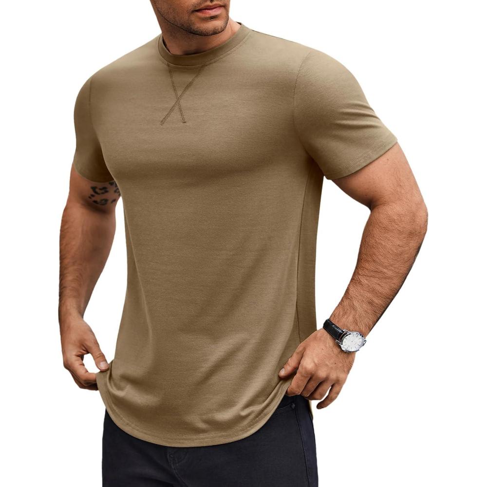 imageCOOFANDY Mens T Shirts Casual Short Sleeve Cotton Tee Shirts Hipster Hip Hop Longline TShirt Basic Summer TopsOne Piece Khaki