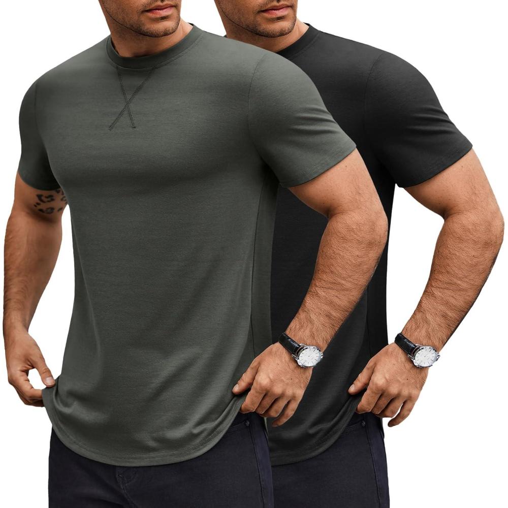 imageCOOFANDY Mens T Shirts Casual Short Sleeve Cotton Tee Shirts Hipster Hip Hop Longline TShirt Basic Summer TopsTwo Pack Black  Dark Grey