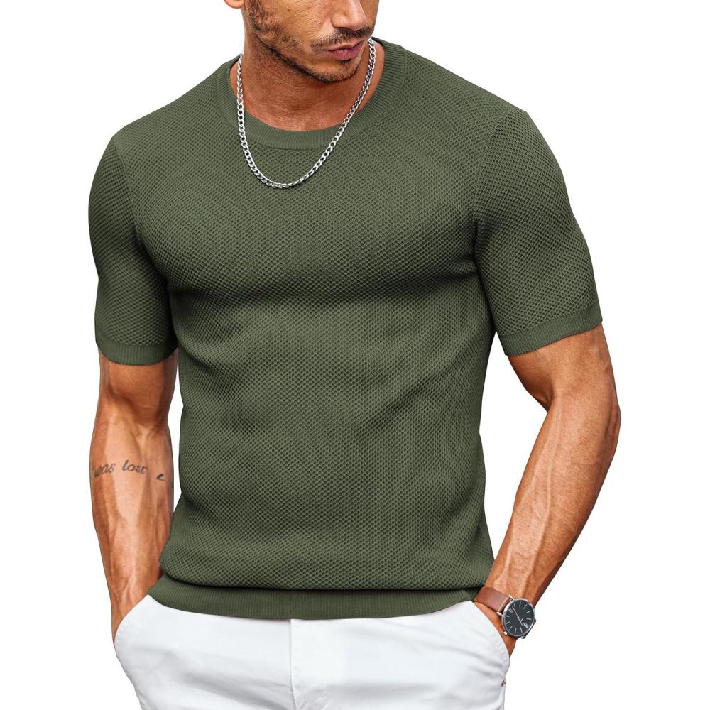 imageCOOFANDY Mens T Shirts Casual Short Sleeve Crewneck Shirts Solid Textured Knit Pullover TeesArmy Green