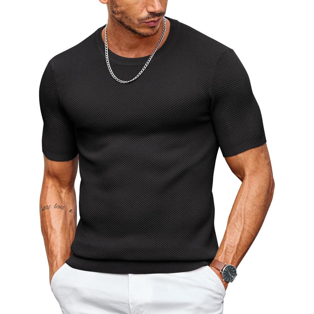 imageCOOFANDY Mens T Shirts Casual Short Sleeve Crewneck Shirts Solid Textured Knit Pullover TeesBlack