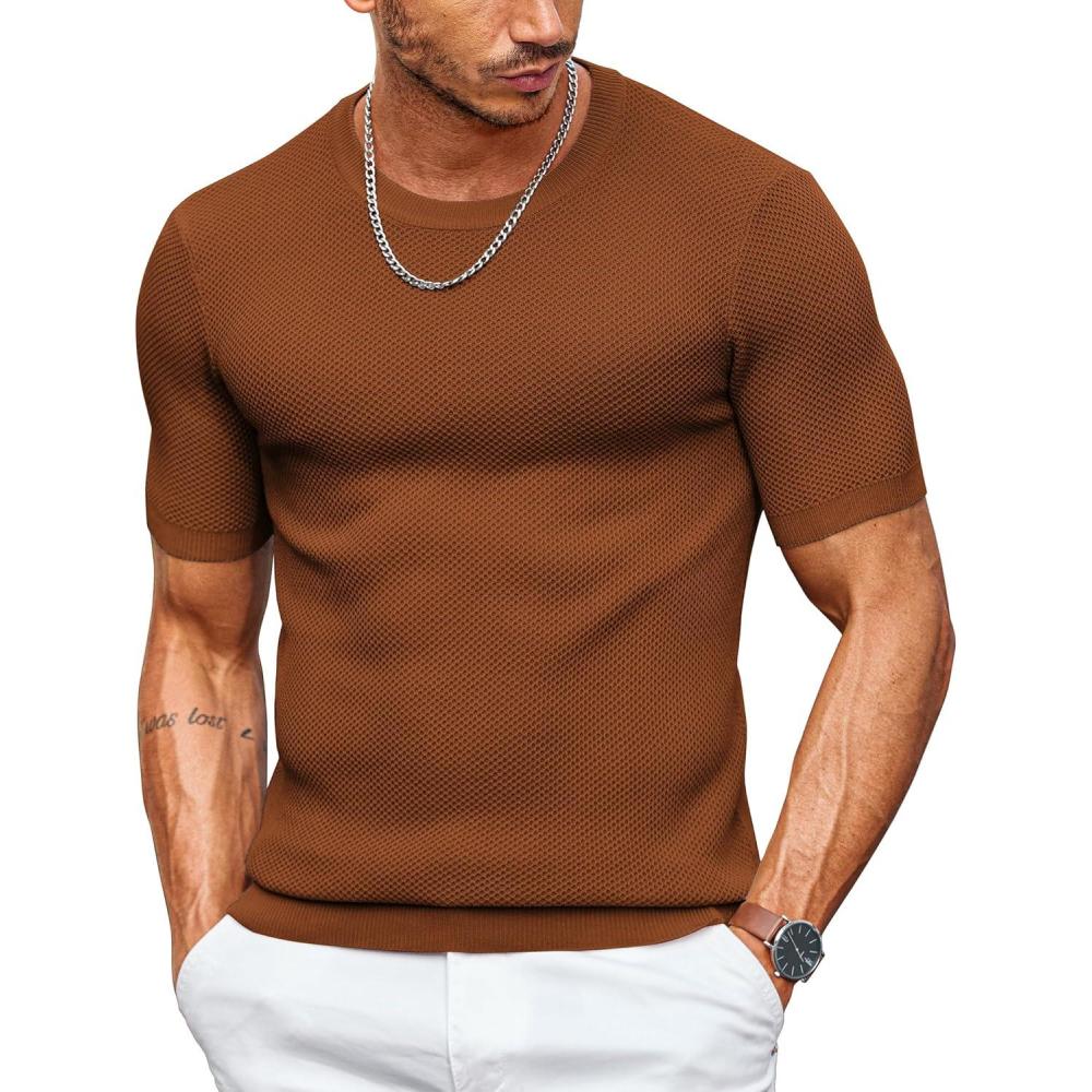 imageCOOFANDY Mens T Shirts Casual Short Sleeve Crewneck Shirts Solid Textured Knit Pullover TeesCaramel