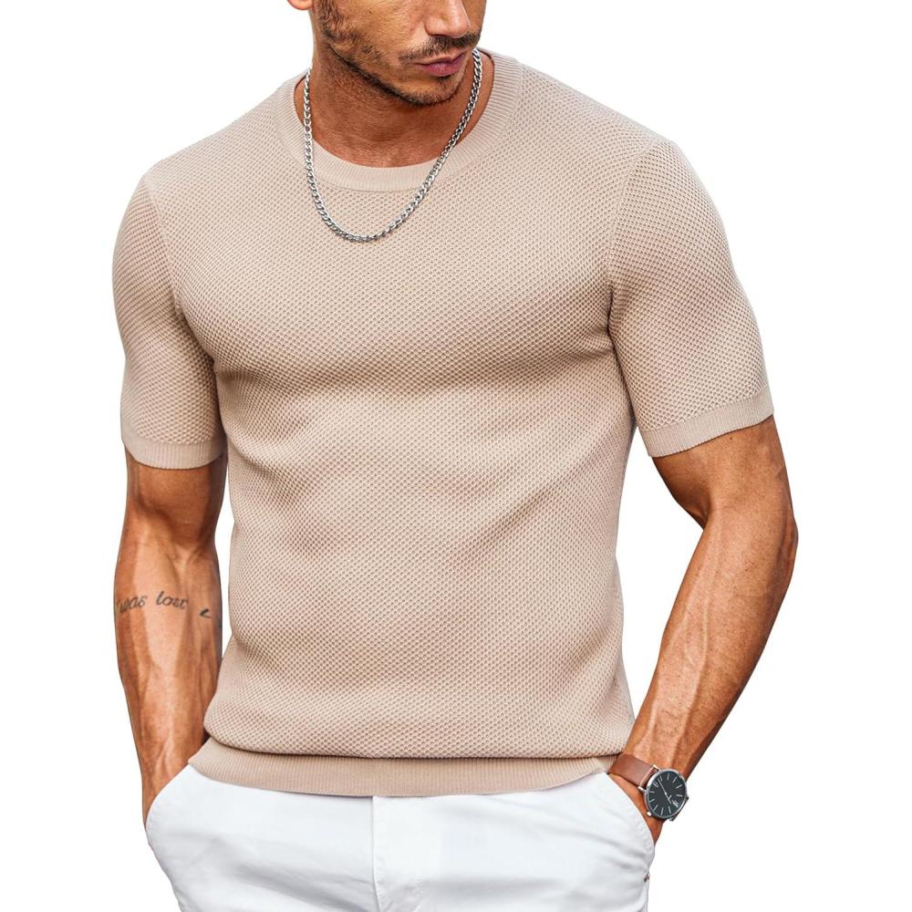 imageCOOFANDY Mens T Shirts Casual Short Sleeve Crewneck Shirts Solid Textured Knit Pullover TeesKhaki