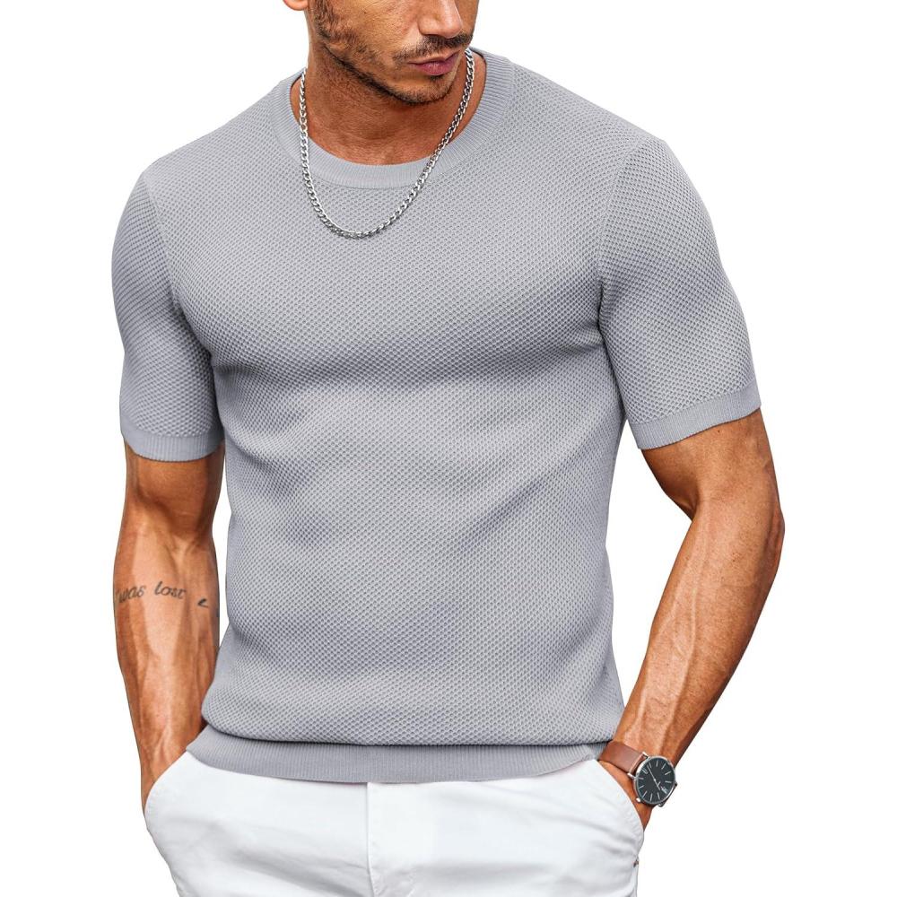 imageCOOFANDY Mens T Shirts Casual Short Sleeve Crewneck Shirts Solid Textured Knit Pullover TeesLight Grey