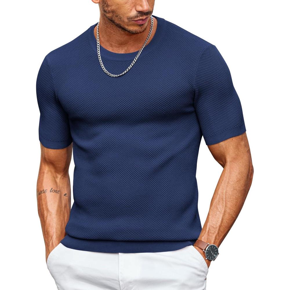 imageCOOFANDY Mens T Shirts Casual Short Sleeve Crewneck Shirts Solid Textured Knit Pullover TeesNavy Blue