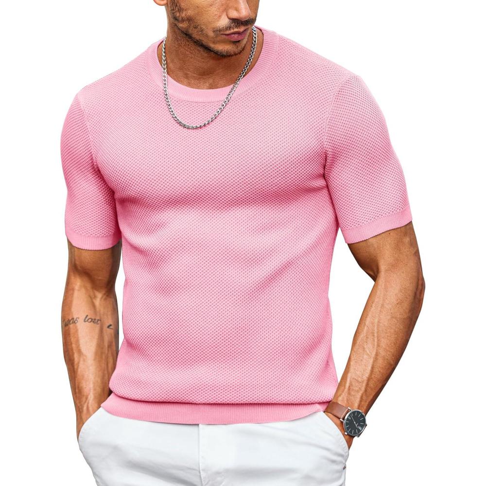 imageCOOFANDY Mens T Shirts Casual Short Sleeve Crewneck Shirts Solid Textured Knit Pullover TeesPink