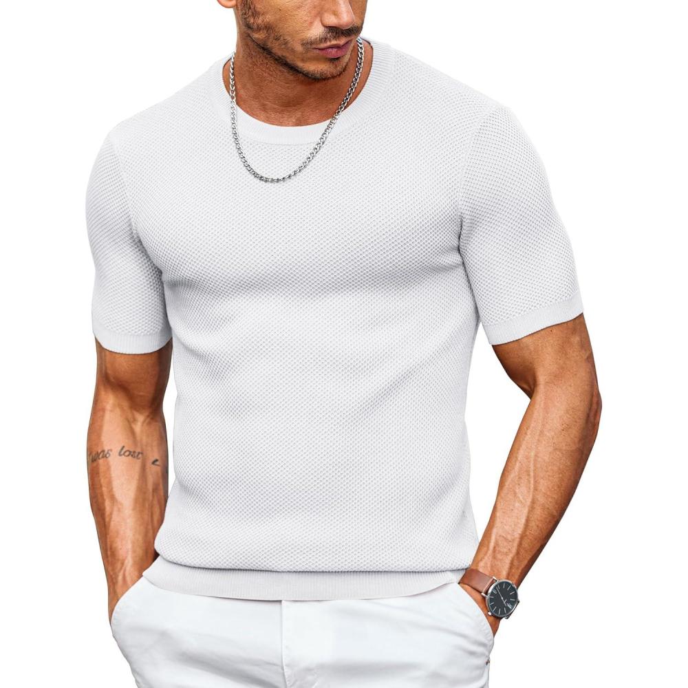 imageCOOFANDY Mens T Shirts Casual Short Sleeve Crewneck Shirts Solid Textured Knit Pullover TeesWhite