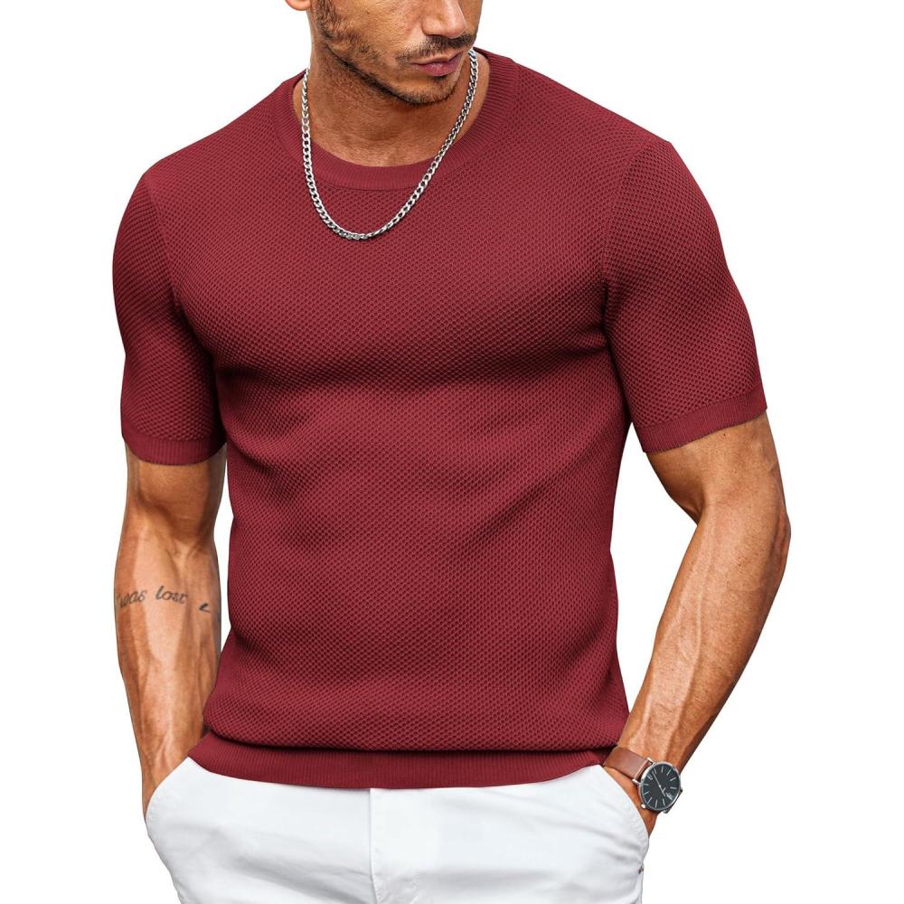 imageCOOFANDY Mens T Shirts Casual Short Sleeve Crewneck Shirts Solid Textured Knit Pullover TeesWine Red