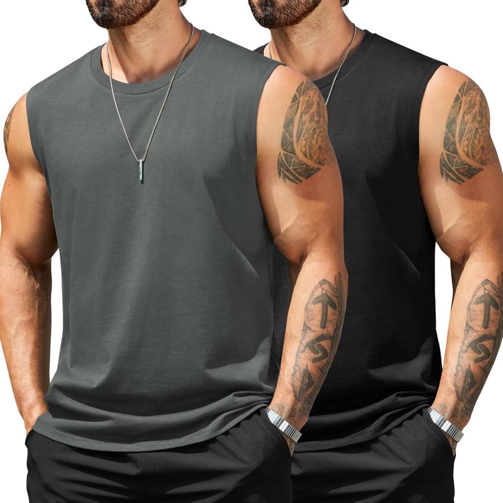 imageCOOFANDY Mens Tank Top Cotton Workout Sleeveless Muscle T Shirts Casual Summer Tank ShirtsBlackDark Grey 2 Pcs
