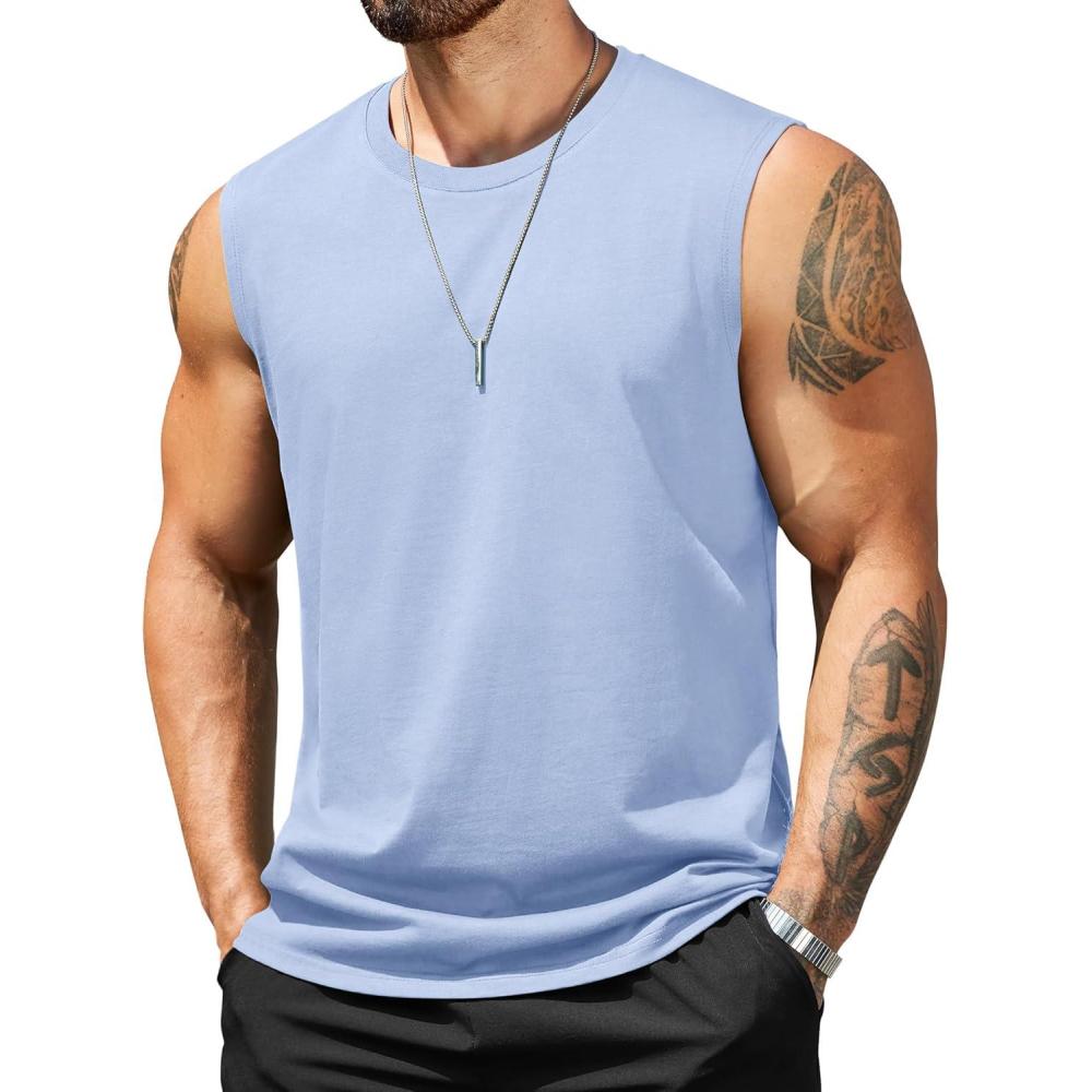 imageCOOFANDY Mens Tank Top Cotton Workout Sleeveless Muscle T Shirts Casual Summer Tank ShirtsLight Blue1 Pcs