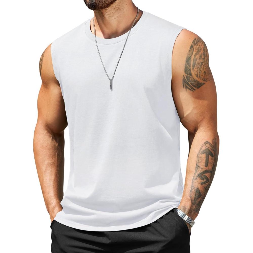 imageCOOFANDY Mens Tank Top Cotton Workout Sleeveless Muscle T Shirts Casual Summer Tank ShirtsWhite1 Pcs