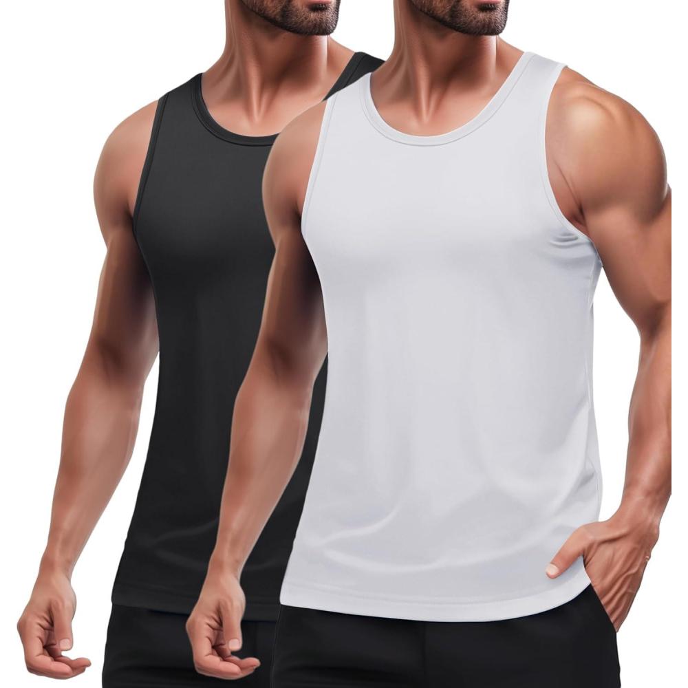 imageCOOFANDY Mens Tank Top UPF 50 Quick Dry Sleeveless Shirts Summer Workout Muscle T Shirt Cool Swim Beach TopBlackWhite