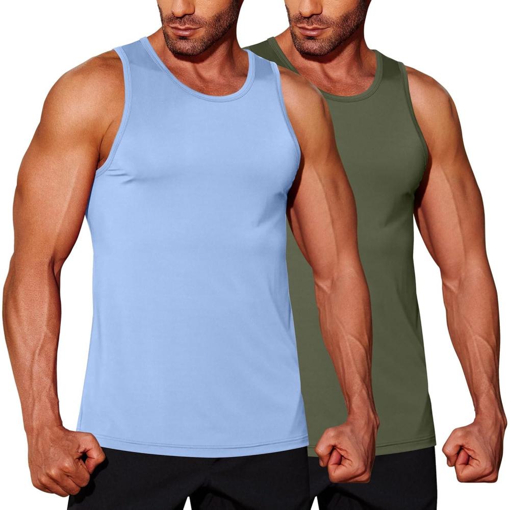 imageCOOFANDY Mens Tank Top UPF 50 Quick Dry Sleeveless Shirts Summer Workout Muscle T Shirt Cool Swim Beach TopLight BlueArmy Green