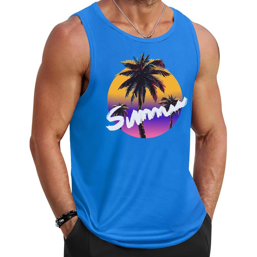imageCOOFANDY Mens Tank Tops Beach Summer Sleeveless Graphic T Shirts Palm Tree Vacation Quick Dry Muscle TankBluecoconut