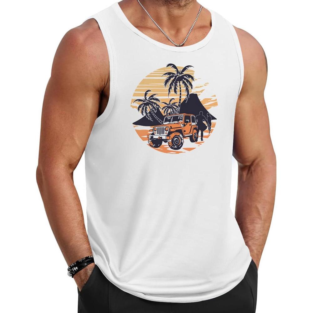 imageCOOFANDY Mens Tank Tops Beach Summer Sleeveless Graphic T Shirts Palm Tree Vacation Quick Dry Muscle TankWhitecar Coconut