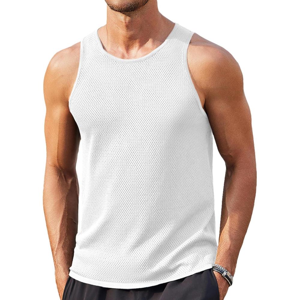 imageCOOFANDY Mens Tank Tops Summer Beach Sleeveless Muscle Shirts Casual Knit Tanks Workout Gym TeeWhite