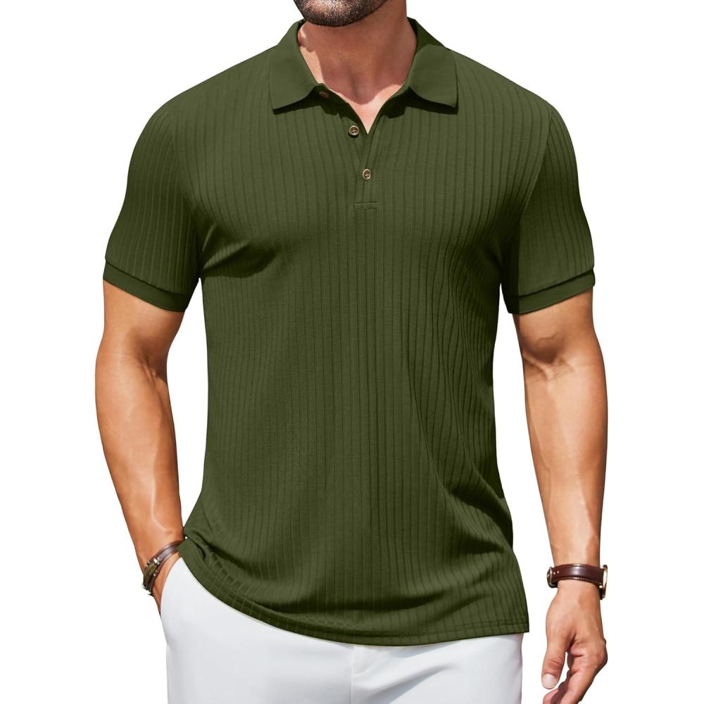 imageCOOFANDY Mens Textured Polo Shirts Short Sleeve Slim Fit Casual Button Polo TShirt Summer Collared Golf ShirtArmy Green
