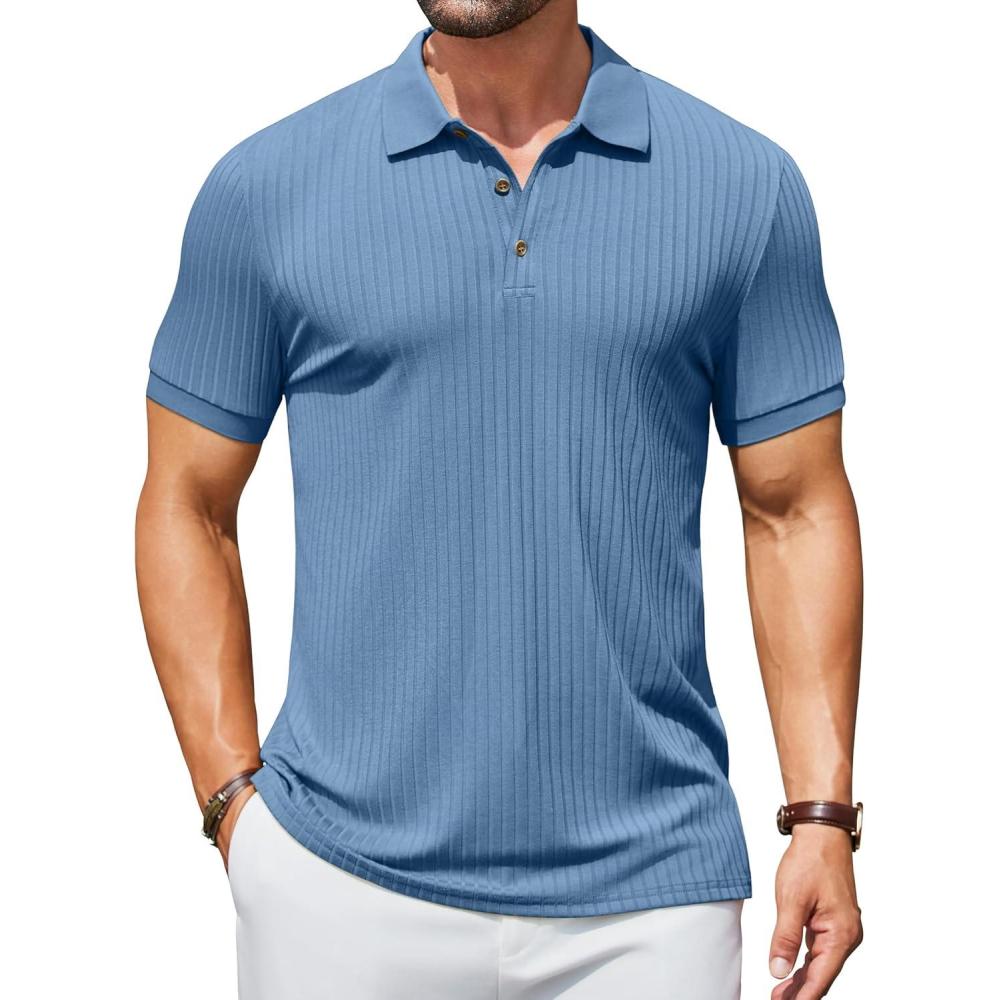 imageCOOFANDY Mens Textured Polo Shirts Short Sleeve Slim Fit Casual Button Polo TShirt Summer Collared Golf ShirtDemin Blue