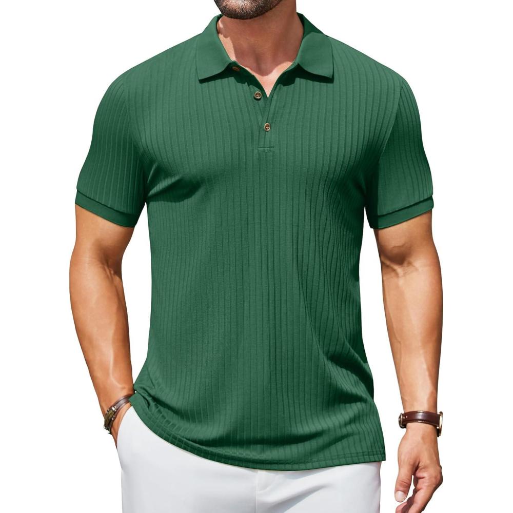 imageCOOFANDY Mens Textured Polo Shirts Short Sleeve Slim Fit Casual Button Polo TShirt Summer Collared Golf ShirtGreen