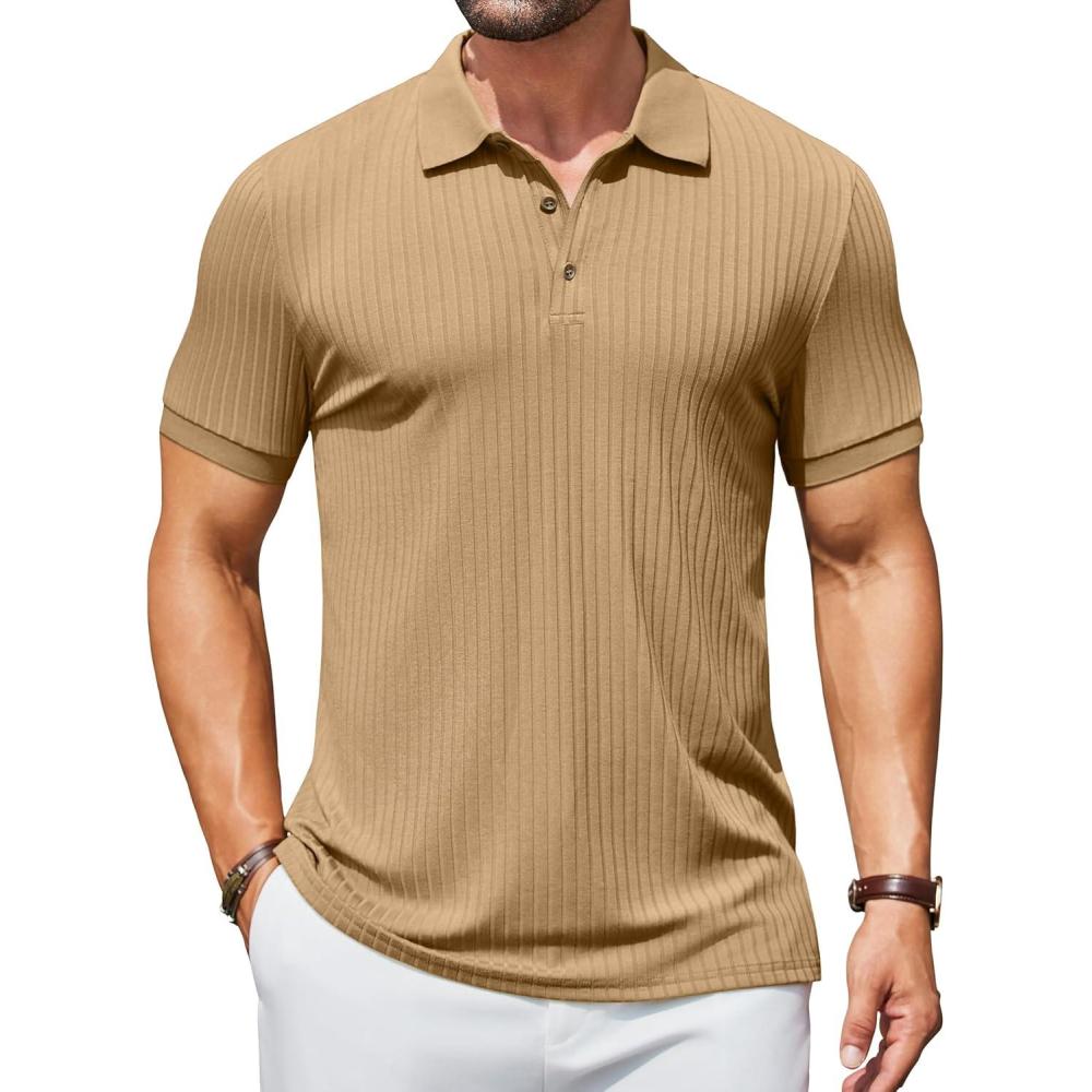 imageCOOFANDY Mens Textured Polo Shirts Short Sleeve Slim Fit Casual Button Polo TShirt Summer Collared Golf ShirtKhaki