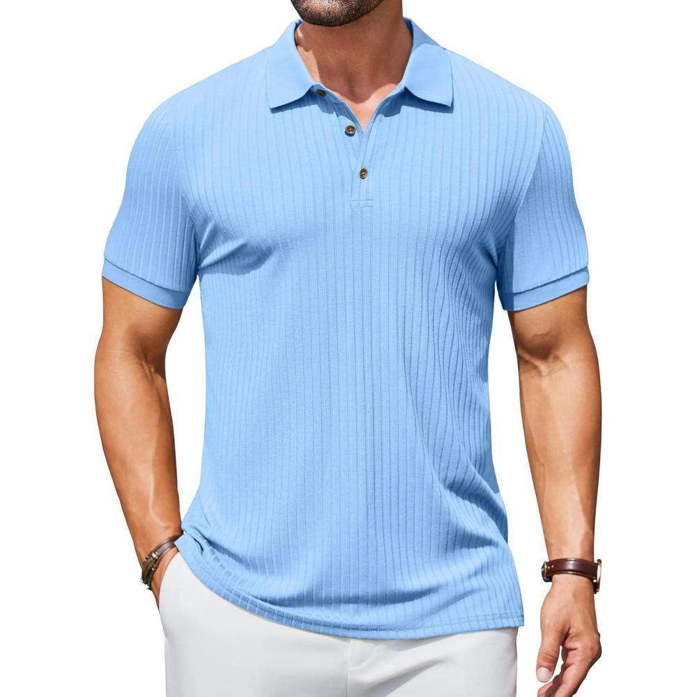 imageCOOFANDY Mens Textured Polo Shirts Short Sleeve Slim Fit Casual Button Polo TShirt Summer Collared Golf ShirtLight Blue
