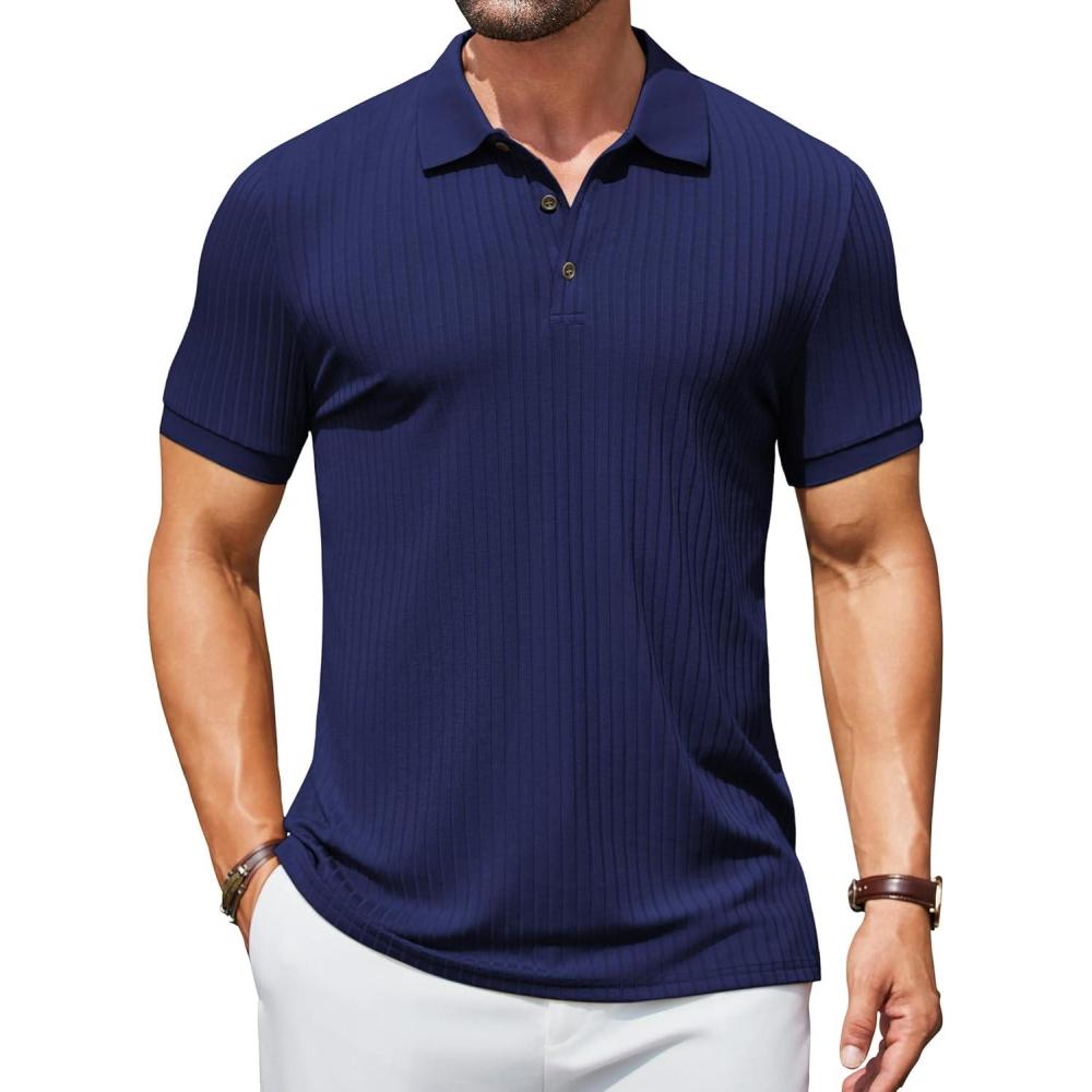 imageCOOFANDY Mens Textured Polo Shirts Short Sleeve Slim Fit Casual Button Polo TShirt Summer Collared Golf ShirtNavy Blue
