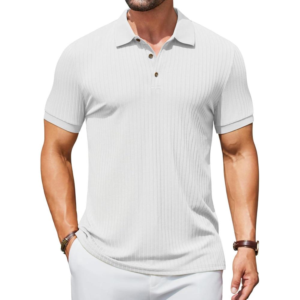 imageCOOFANDY Mens Textured Polo Shirts Short Sleeve Slim Fit Casual Button Polo TShirt Summer Collared Golf ShirtWhite