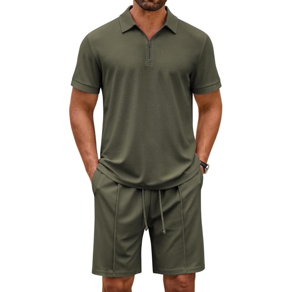 imageCOOFANDY Mens Track Suits 2 Piece Set Quarter Zip Polo Shirt and Shorts Set Summer Casual OutfitsArmy Green