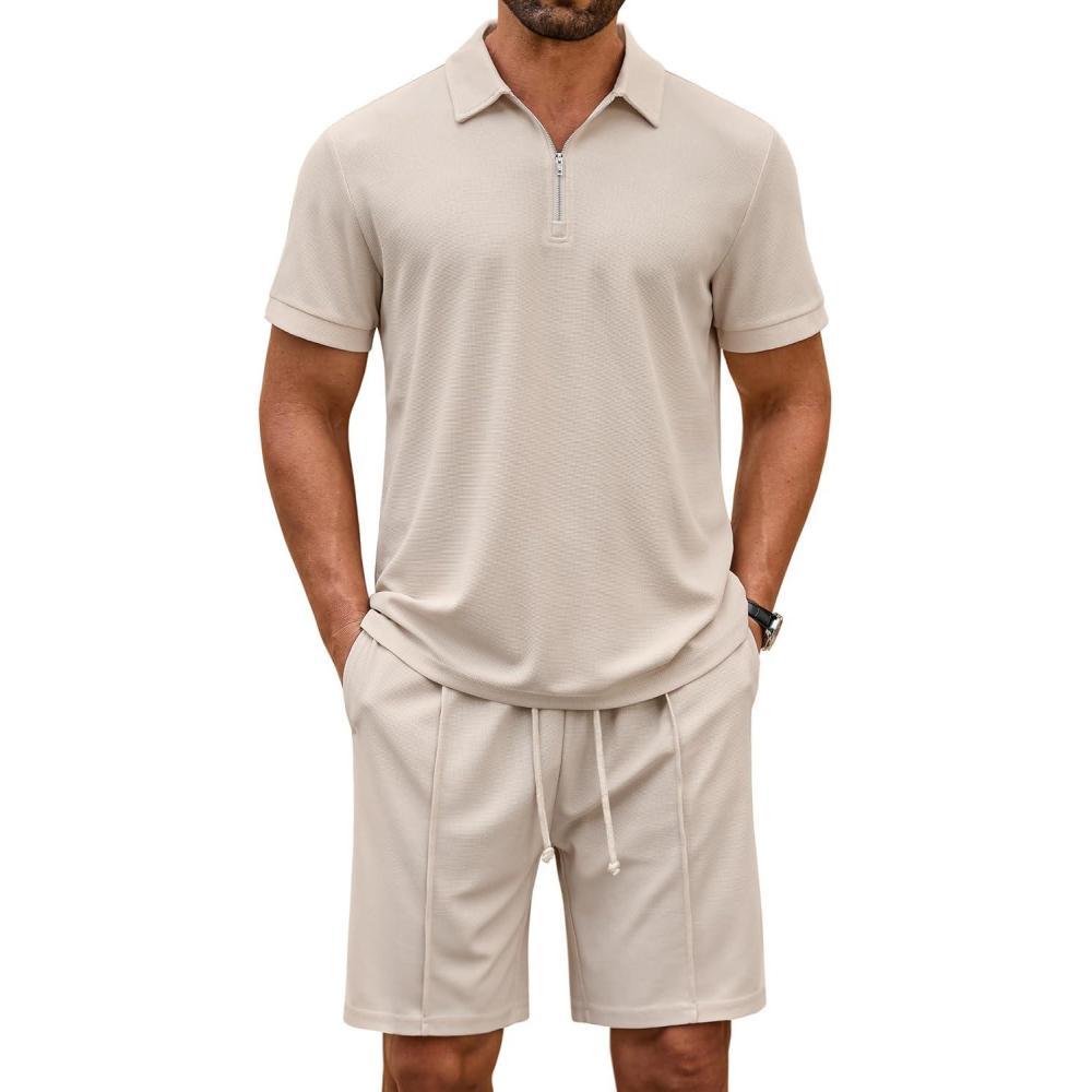 imageCOOFANDY Mens Track Suits 2 Piece Set Quarter Zip Polo Shirt and Shorts Set Summer Casual OutfitsBeige