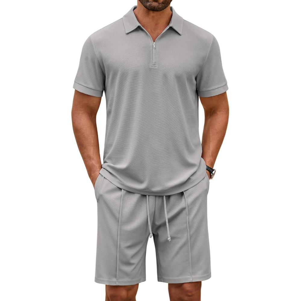 imageCOOFANDY Mens Track Suits 2 Piece Set Quarter Zip Polo Shirt and Shorts Set Summer Casual OutfitsLight Grey
