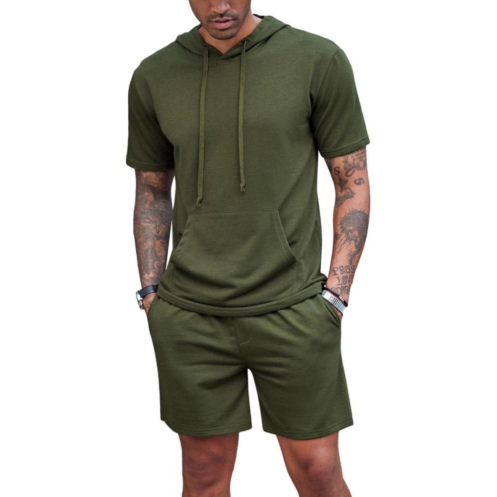 imageCOOFANDY Mens Tracksuit 2 Piece Hooded Athletic Sweatsuit Short Sleeve Casual Sports Hoodie Shorts SetArmy Green