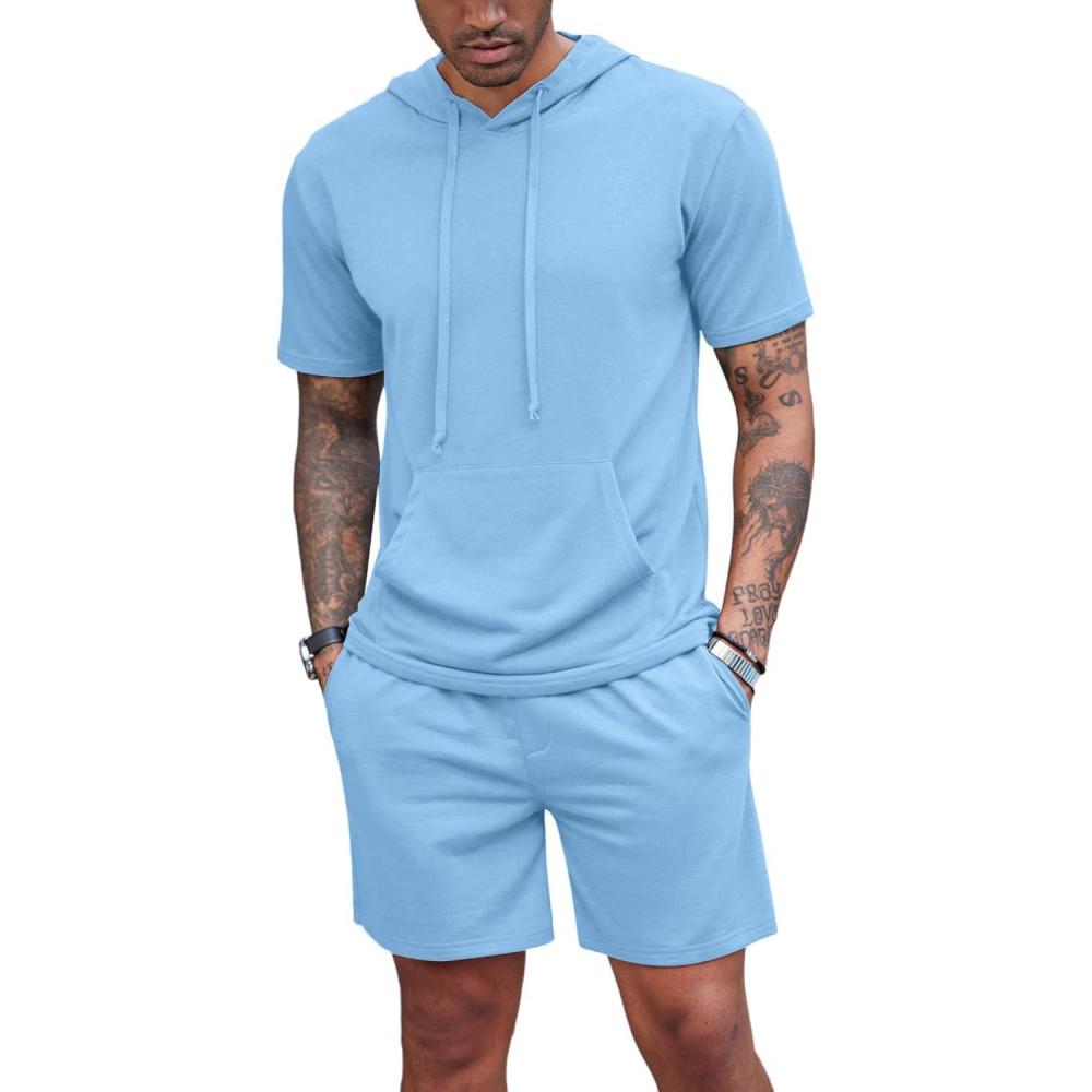imageCOOFANDY Mens Tracksuit 2 Piece Hooded Athletic Sweatsuit Short Sleeve Casual Sports Hoodie Shorts SetLight Blue