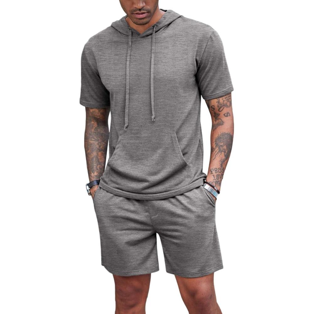 imageCOOFANDY Mens Tracksuit 2 Piece Hooded Athletic Sweatsuit Short Sleeve Casual Sports Hoodie Shorts SetLight Grey