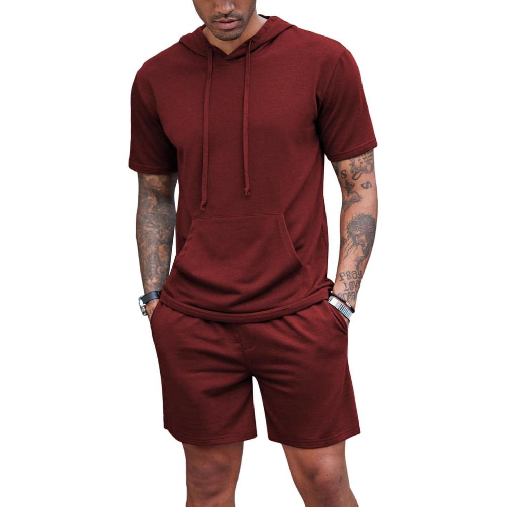 imageCOOFANDY Mens Tracksuit 2 Piece Hooded Athletic Sweatsuit Short Sleeve Casual Sports Hoodie Shorts SetWine Red