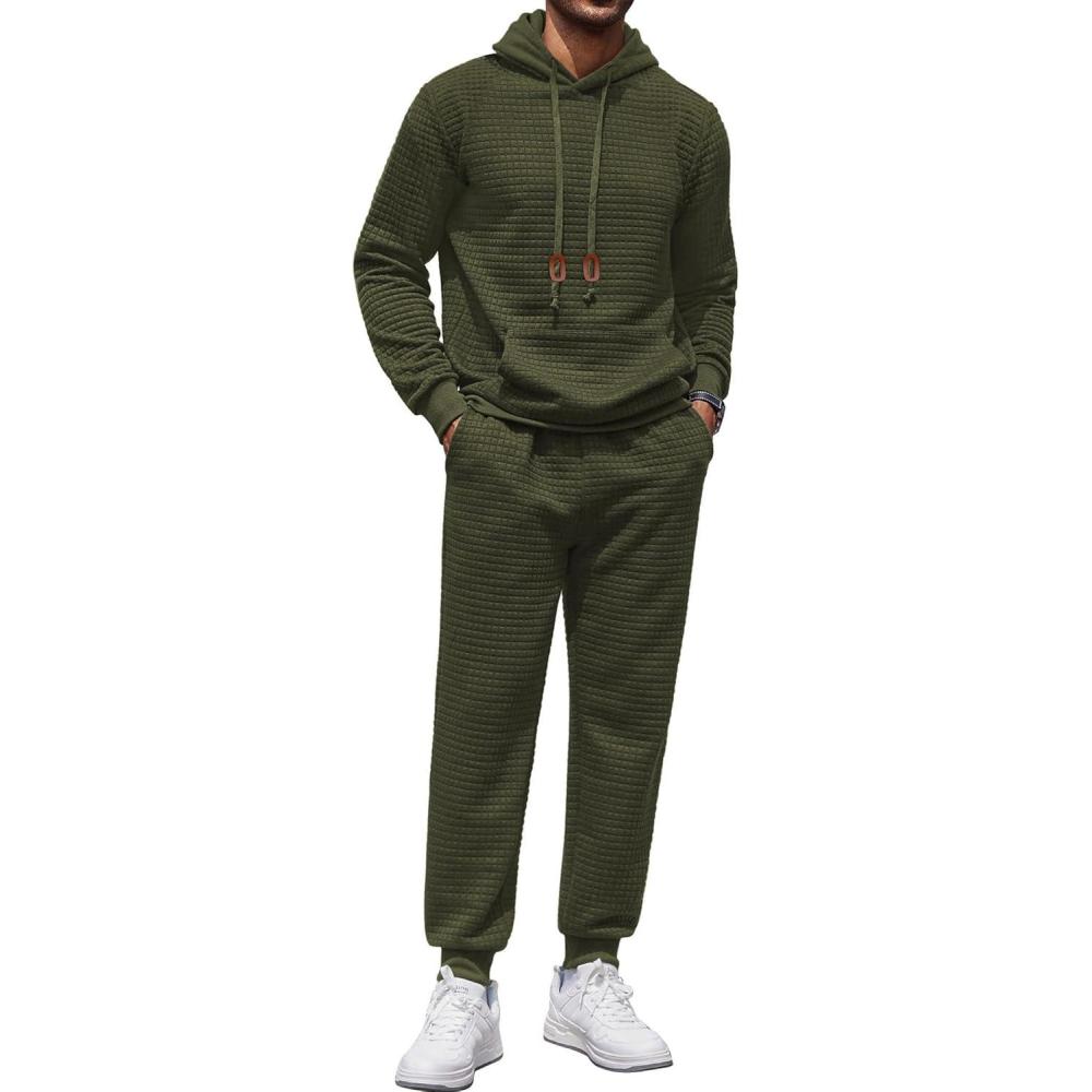 imageCOOFANDY Mens Tracksuit 2 Piece Hoodie Sweatsuit Sets Casual Athletic Jogging Suits Waffle Plaid Jacquard OutfitsArmy Green