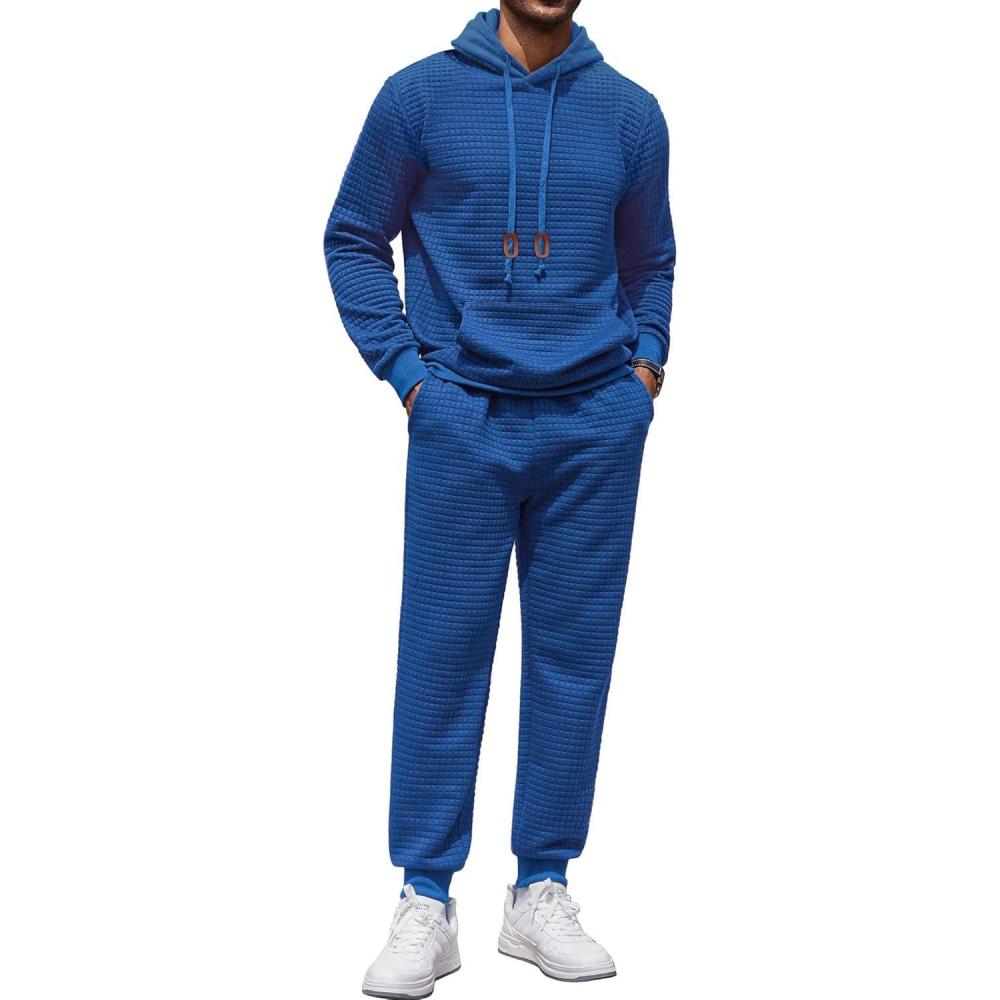 imageCOOFANDY Mens Tracksuit 2 Piece Hoodie Sweatsuit Sets Casual Athletic Jogging Suits Waffle Plaid Jacquard OutfitsBlue