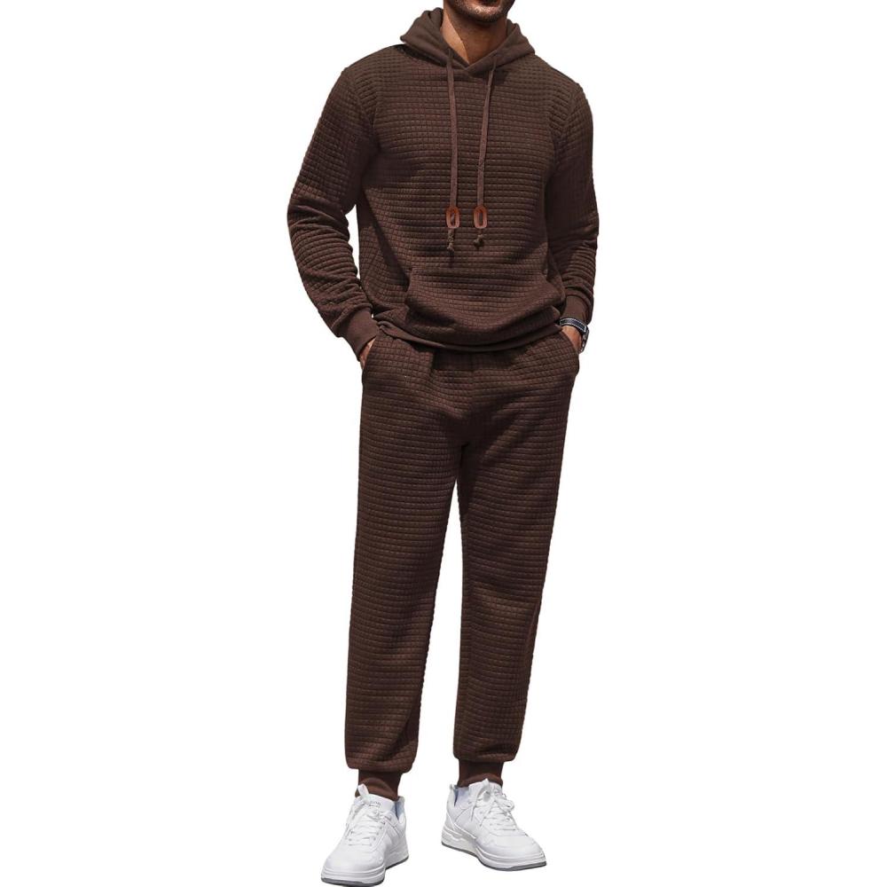 imageCOOFANDY Mens Tracksuit 2 Piece Hoodie Sweatsuit Sets Casual Athletic Jogging Suits Waffle Plaid Jacquard OutfitsBrown