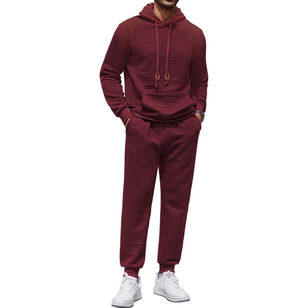 imageCOOFANDY Mens Tracksuit 2 Piece Hoodie Sweatsuit Sets Casual Athletic Jogging Suits Waffle Plaid Jacquard OutfitsWine Red