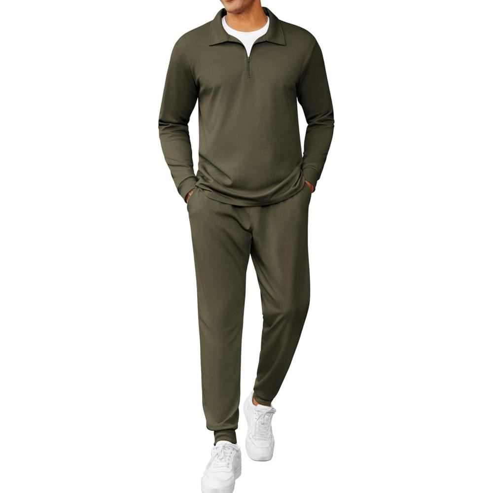 imageCOOFANDY Mens Tracksuit 2 Piece Quarter Zip Polo Athletic Sweatsuits Casual Running Jogging Sport Suit SetsArmy Green