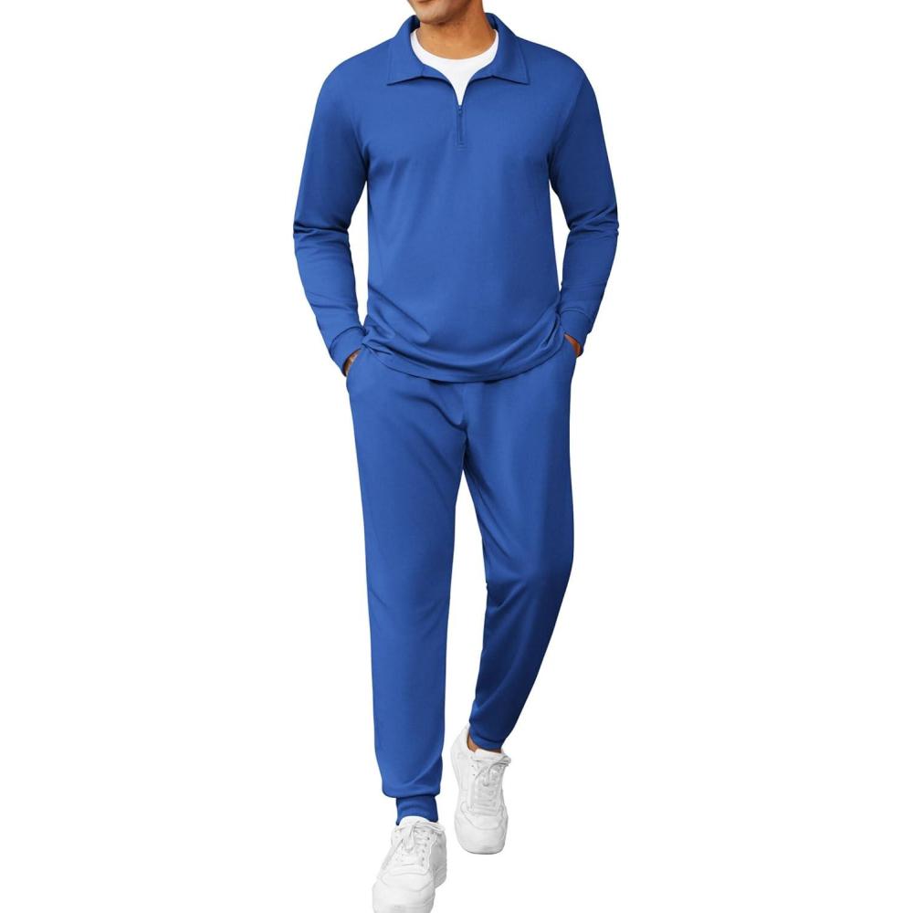 imageCOOFANDY Mens Tracksuit 2 Piece Quarter Zip Polo Athletic Sweatsuits Casual Running Jogging Sport Suit SetsBlue
