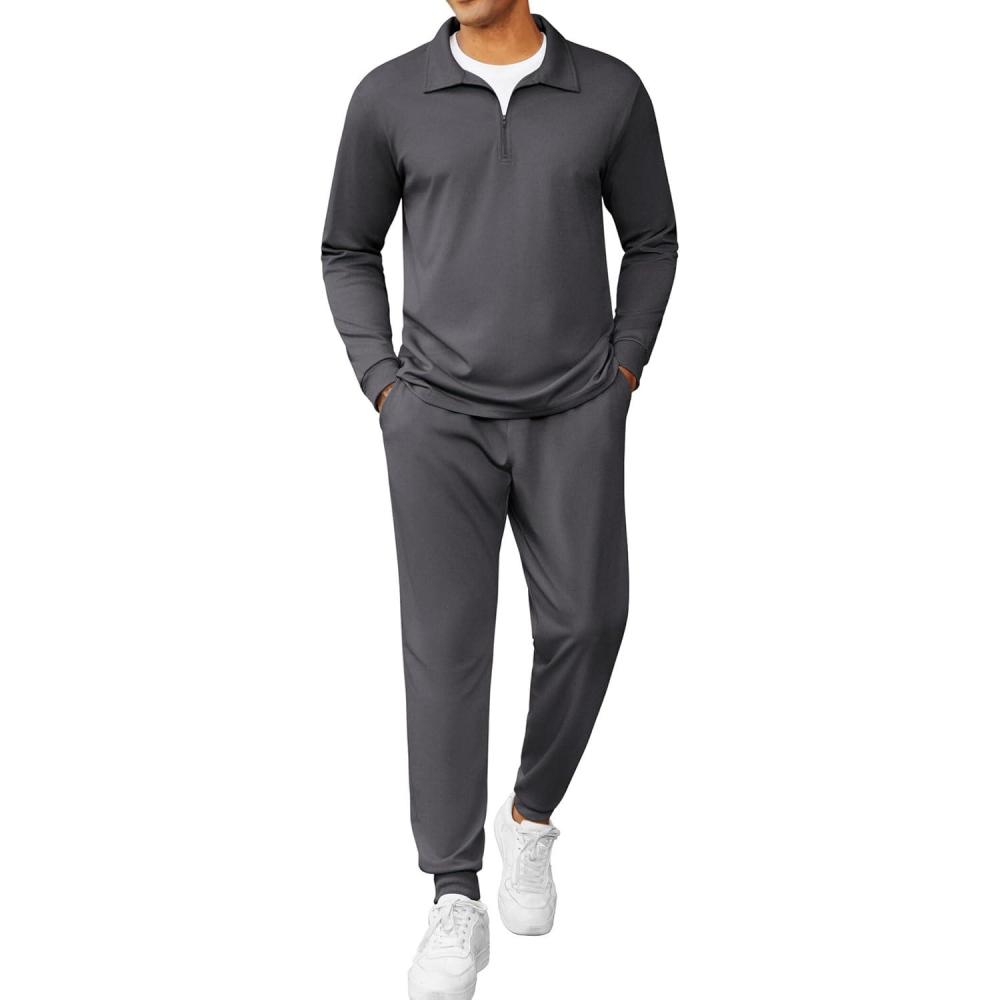 imageCOOFANDY Mens Tracksuit 2 Piece Quarter Zip Polo Athletic Sweatsuits Casual Running Jogging Sport Suit SetsDark Gray