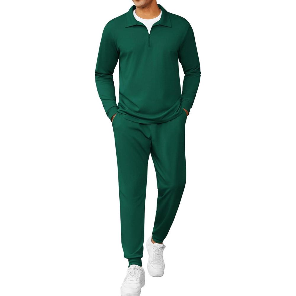 imageCOOFANDY Mens Tracksuit 2 Piece Quarter Zip Polo Athletic Sweatsuits Casual Running Jogging Sport Suit SetsDark Green