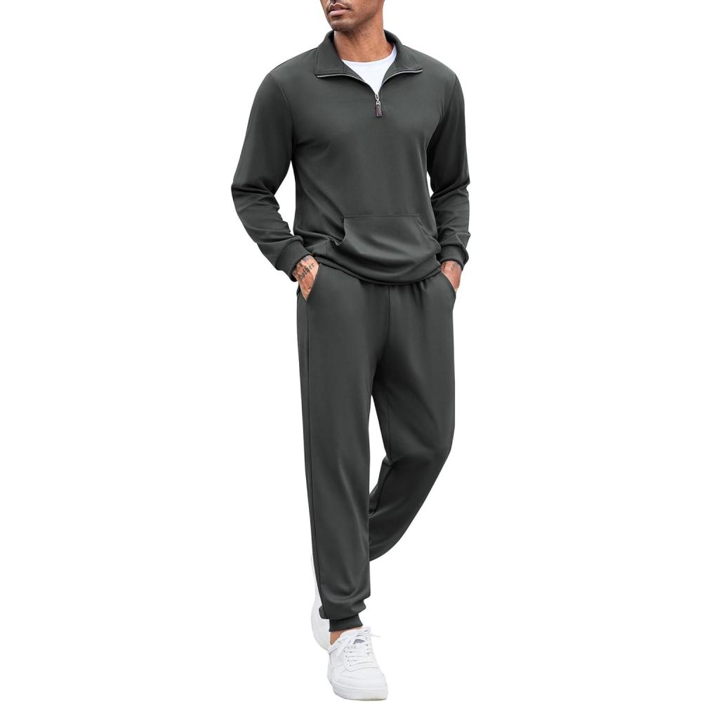 imageCOOFANDY Mens Tracksuit 2 Piece Quarter Zip Polo Athletic Sweatsuits Casual Running Jogging Sport Suit SetsDark Grey