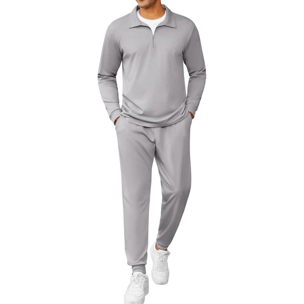 imageCOOFANDY Mens Tracksuit 2 Piece Quarter Zip Polo Athletic Sweatsuits Casual Running Jogging Sport Suit SetsGrey