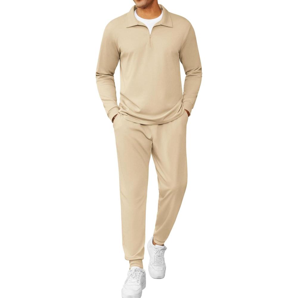 imageCOOFANDY Mens Tracksuit 2 Piece Quarter Zip Polo Athletic Sweatsuits Casual Running Jogging Sport Suit SetsLight Khaki