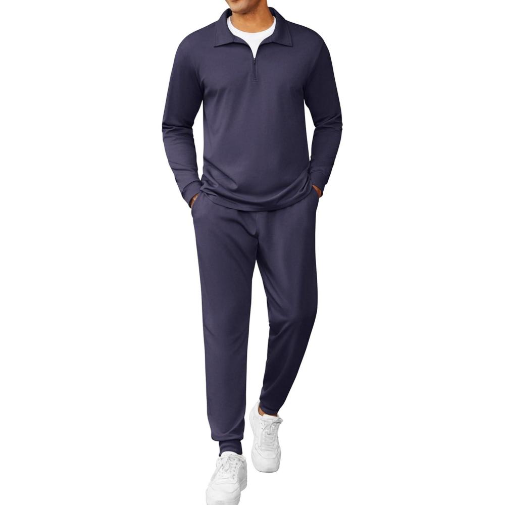 imageCOOFANDY Mens Tracksuit 2 Piece Quarter Zip Polo Athletic Sweatsuits Casual Running Jogging Sport Suit SetsNavy Blue