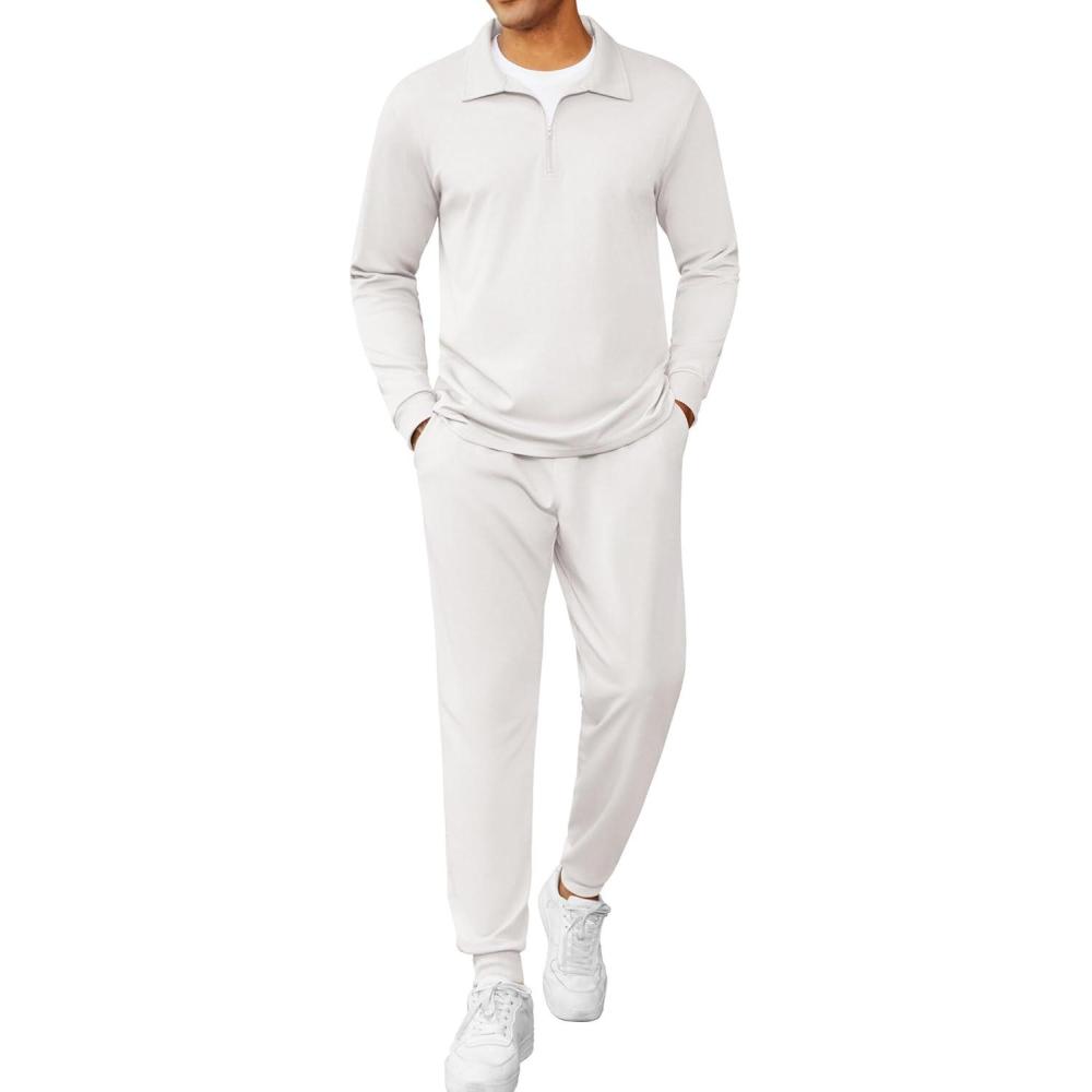 imageCOOFANDY Mens Tracksuit 2 Piece Quarter Zip Polo Athletic Sweatsuits Casual Running Jogging Sport Suit SetsWhite