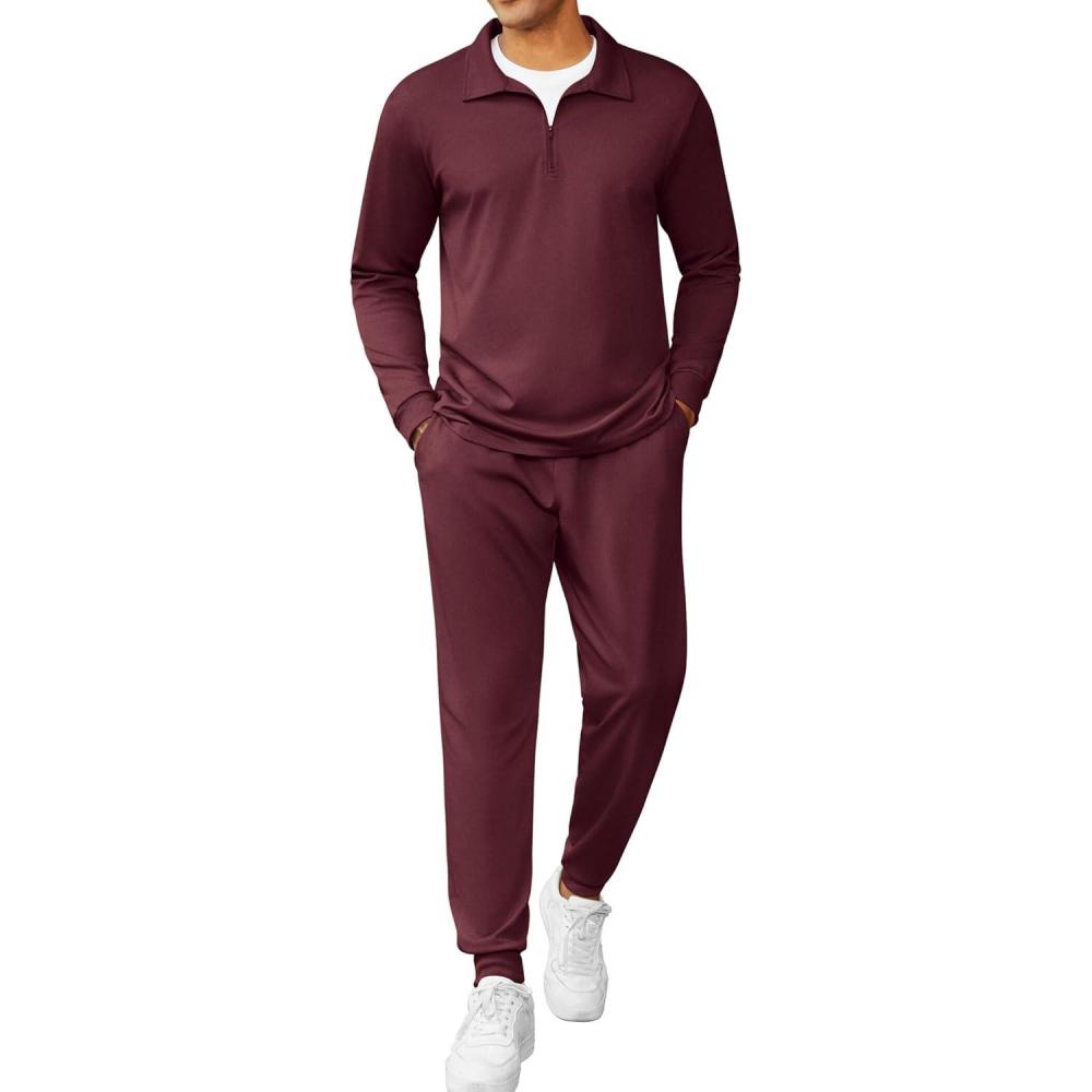 imageCOOFANDY Mens Tracksuit 2 Piece Quarter Zip Polo Athletic Sweatsuits Casual Running Jogging Sport Suit SetsWine Red