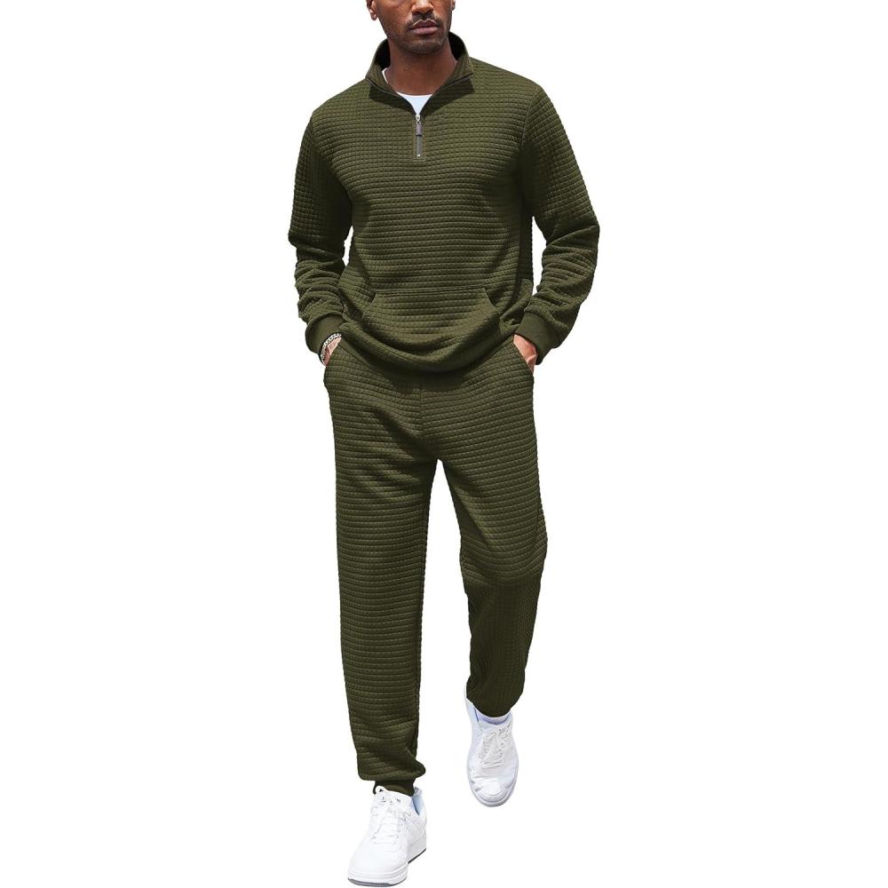 imageCOOFANDY Mens Tracksuit 2 Piece Quarter Zip Sweatsuit Workout Plaid Jacquard Jogging Suit SetArmy Green