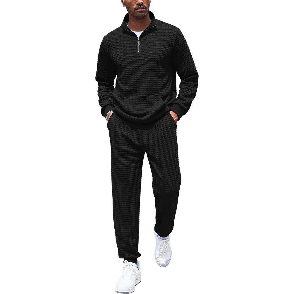 imageCOOFANDY Mens Tracksuit 2 Piece Quarter Zip Sweatsuit Workout Plaid Jacquard Jogging Suit SetBlack